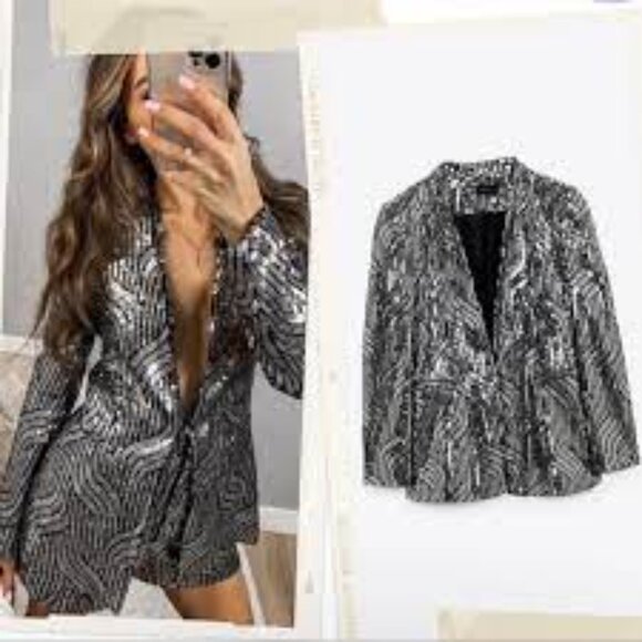 Zara silver black collarless sequin holiday sparkle blazer size S - Picture 1 of 8